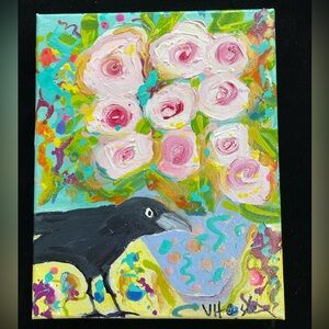 Crow With Flowers An Acrylic  Original Painting 8”x10”On  Canvas  Handmade